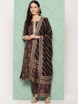 Libas - Women Brown Silk Blend Floral Printed Kurta with Pant and Dupatta (Set of 3)