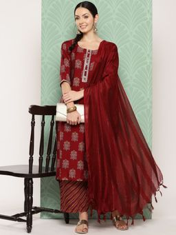 Libas - Women Red Silk Blend Floral Printed Kurta with Palazzo and Dupatta (Set of 3)