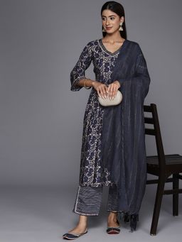 Libas - Women Navy Blue Silk Blend Printed Kurta with Pant and Dupatta (Set of 3)