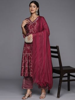 Libas - Women Maroon Silk Blend Printed Kurta with Pant and Dupatta (Set of 3)