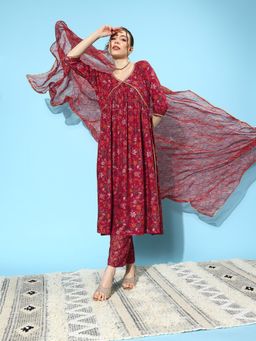 Libas - Women Maroon Silk Blend Floral Printed Kurta with Pant and Dupatta (Set of 3)