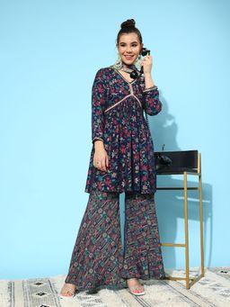 Libas - Women Navy Blue Silk Blend Floral Printed Kurti with Dupatta and Dupatta (Set of 3)