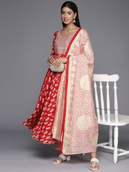 Libas - Women Red Silk Blend Floral Printed Anarkali Kurta with Pant and Dupatta (Set of 3)