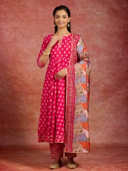 Libas - Women Pink Silk Blend Floral Printed Anarkali Kurta with Pant and Dupatta (Set of 3)