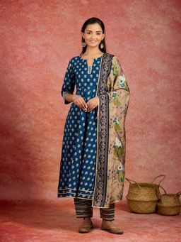Libas - Women Navy Blue Silk Blend Floral Anarkali Kurta with Pant and Dupatta (Set of 3)