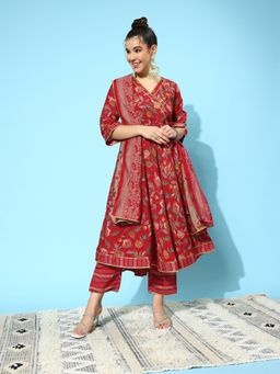 Libas - Women Red Silk Blend Floral Printed Anarkali Kurta with Pant and Dupatta (Set of 3)