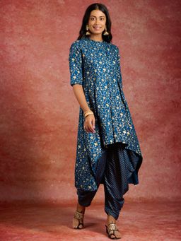Libas - Women Blue Viscose Rayon Floral Printed Kurta with Dhoti (Set of 2)
