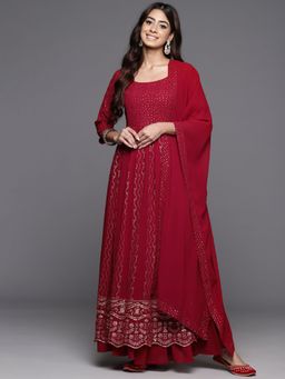 Libas - Women Maroon Georgette Embellished Anarkali Kurta with Palazzo and Dupatta (Set of 3)