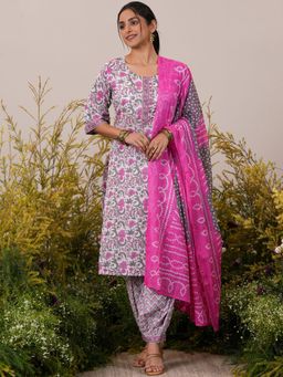Libas - Women Pink Pure Cotton Floral Printed Kurta with Salwar and Dupatta (Set of 3)