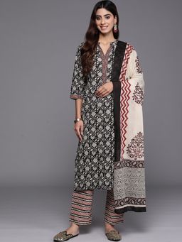 Libas - Women Black Pure Cotton Floral Printed Kurta with Pant and Dupatta (Set of 3)