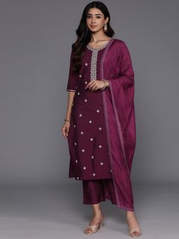 Libas - Women Wine Silk Blend Embroidered Kurta with Pant and Dupatta (Set of 3)
