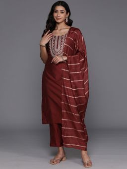Libas - Women Maroon Silk Blend Embroidered Kurta with Pant and Dupatta (Set of 3)