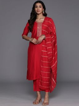Libas - Women Red Silk Blend Embroidered Kurta with Pant and Dupatta (Set of 3)