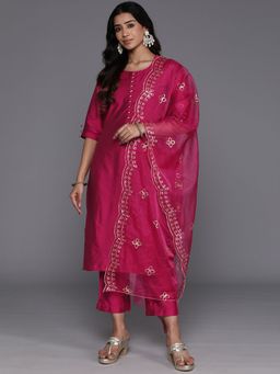 Libas - Women Magenta Silk Blend Solid Kurta with Pant and Dupatta (Set of 3)