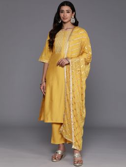 Libas - Women Yellow Silk Blend Embroidered Kurta with Pant and Dupatta (Set of 3)