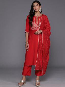 Libas - Women Red Silk Blend Embroidered Kurta with Pant and Dupatta (Set of 3)