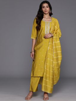 Libas - Women Yellow Silk Blend Embroidered Kurta with Pant and Dupatta (Set of 3)