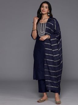 Libas - Women Navy Blue Silk Blend Embroidered Kurta with Pant and Dupatta (Set of 3)