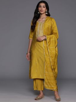 Libas - Women Mustard Silk Blend Embroidered Kurta with Pant and Dupatta (Set of 3)