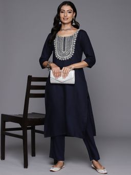 Libas - Women Navy Blue Wool Blend Embroidered Kurta with Pant (Set of 2)