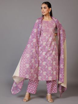 Libas - Women Lavender Pure Cotton Floral Printed Kurta with Pant and Dupatta (Set of 3)