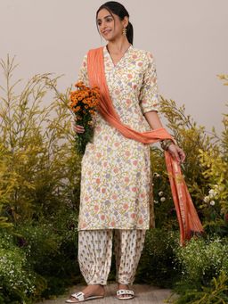Libas - Women Orange Pure Cotton Floral Printed Kurta with Salwar and Dupatta (Set of 3)
