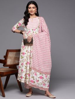 Libas - Women Off White Pure Cotton Floral Anarkali Kurta with Pant and Dupatta (Set of 3)