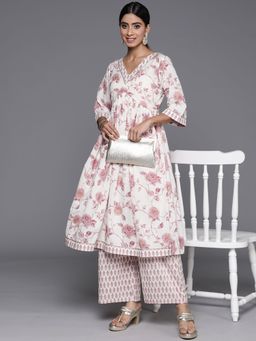 Libas - Women Off White Pure Cotton Floral Printed Kurta with Palazzo (Set of 2)