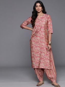 Libas - Women Peach Silk Blend Floral Printed Kurta with Salwar (Set of 2)
