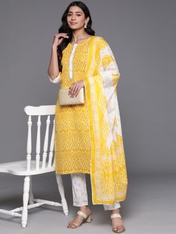 Libas - Women Yellow Pure Cotton Printed Kurta with Pant and Dupatta (Set of 3)