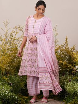 Libas - Women Pink Pure Cotton Floral Printed Kurta with Palazzo and Dupatta (Set of 3)
