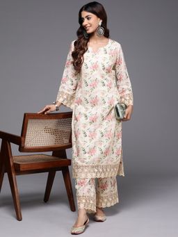 Libas - Women Off White Pure Cotton Floral Printed Kurta with Palazzo (Set of 2)