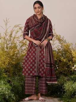 Libas - Women Maroon Pure Cotton Floral Printed Kurta with Palazzo and Dupatta (Set of 3)