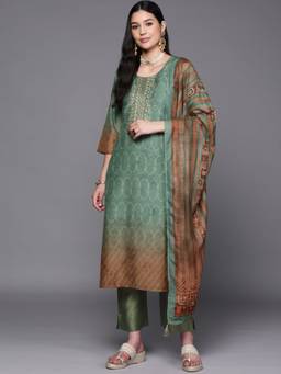 Libas - Women Green Silk Blend Embroidered Kurta with Pant and Dupatta (Set of 3)