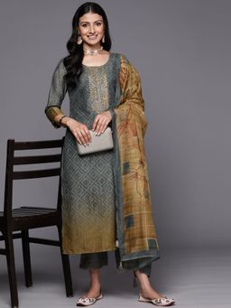 Libas - Women Grey Silk Blend Embroidered Kurta with Pant and Dupatta (Set of 3)