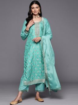 Libas - Women Green Silk Blend Embroidered Kurta with Pant and Dupatta (Set of 3)