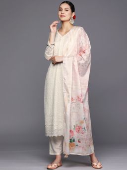 Libas - Women Off White Georgette Embroidered Kurta with Pant and Dupatta (Set of 3)