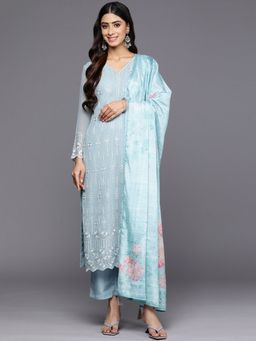 Libas - Women Blue Georgette Embroidered Kurta with Pant and Dupatta (Set of 3)