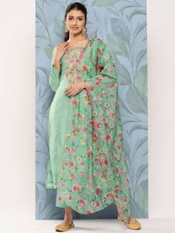 Libas - Women Green Silk Blend Floral Printed Kurta with Pant and Dupatta (Set of 3)