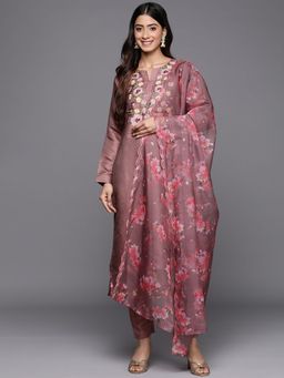 Libas - Women Mauve Silk Blend Floral Printed Kurta with Pant and Dupatta (Set of 3)