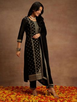 Libas - Women Black Silk Blend Woven Kurta with Pant and Dupatta (Set of 3)
