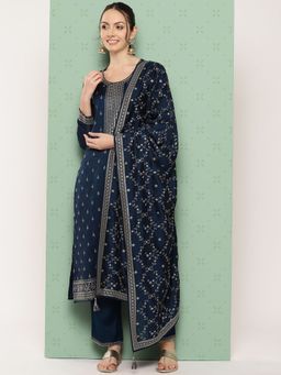 Libas - Women Navy Blue Silk Blend Woven Kurta with Pant and Dupatta (Set of 3)