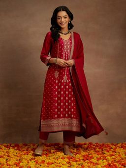 Libas - Women Pink Silk Blend Woven Kurta with Pant and Dupatta (Set of 3)