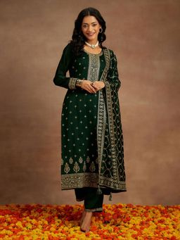 Libas - Women Green Silk Blend Embroidered Kurta with Pant and Dupatta (Set of 3)