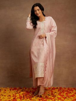 Libas - Women Pink Silk Embroidered Kurta with Pant and Dupatta (Set of 3)