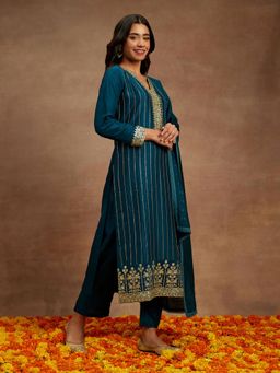 Libas - Women Teal Silk Embroidered Kurta with Pant and Dupatta