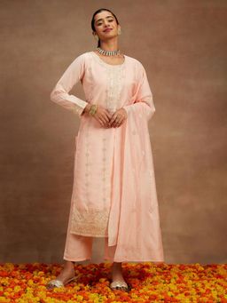 Libas - Women Peach Silk Embroidered Kurta with Pant and Dupatta (Set of 3)