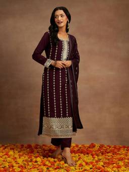 Libas - Women Wine Silk Embroidered Kurta with Pant and Dupatta (Set of 3)