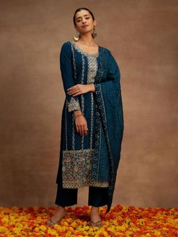 Libas - Women Navy Blue Silk Embroidered Kurta with Pant and Dupatta