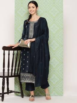 Libas - Women Navy Blue Silk Embroidered Kurta with Pant and Dupatta (Set of 3)